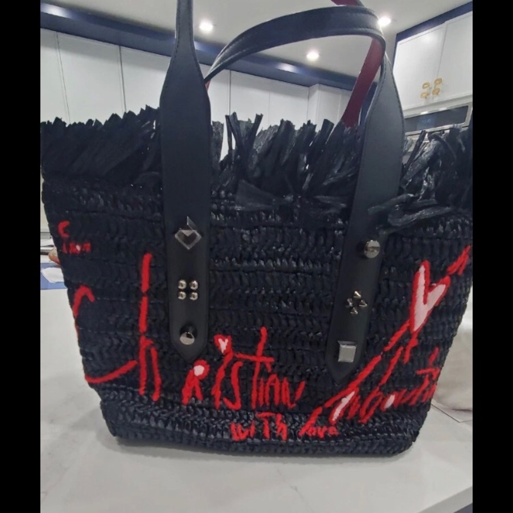 Christian Louboutin Woven Raffia Tote Bag Medium  Frangibus Black
